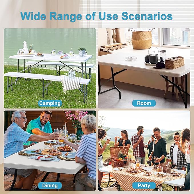 Bblife 6FT Folding Tables Heavy Duty Folding Table, Multi-Functional Fold up Table for Outdoor Camping Picnic Parties, Indoor Events White Training Table with 330lbs Static Weight Capacity