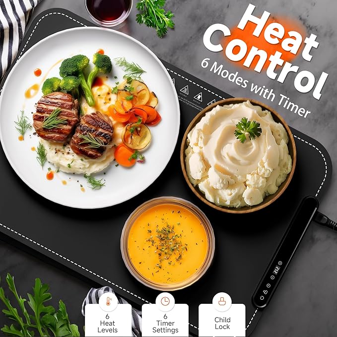 Warming Mat for Food - Electric Warming Tray, Full Surface Rapid Heating Food Warmer Mat with 6 Temperature Settings, Silicone Heating Pad for Party Buffet, Great Gift for Women (Black, XL)
