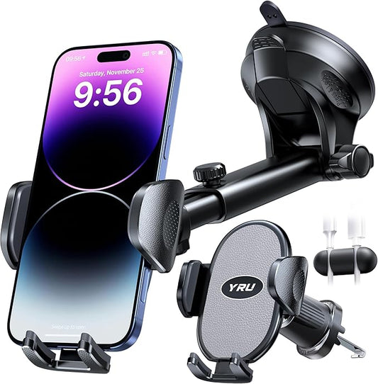 YRU [2025 Upgraded Universal Car Phone Holder Mount【360° Rotatable &Strong Suction】 Cell Phone Holder for Car Dashboard Windshield Phone Holder Dash Stand for iPhone 16 15 13 Samsung Truck, Silver