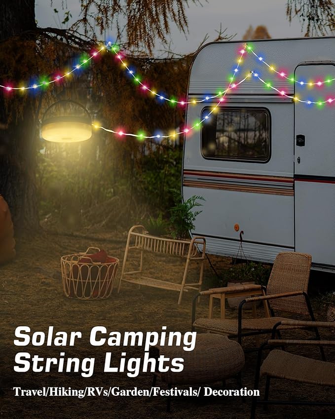 Solar Camping String Lights 4 in 1, Anpro 32.8Ft Ultra Long Multi-Color LED String, 3600mAh Solar Powered and USB Rechargeable Light with Remote Control, Portable Camping Light for Hiking, Decoration
