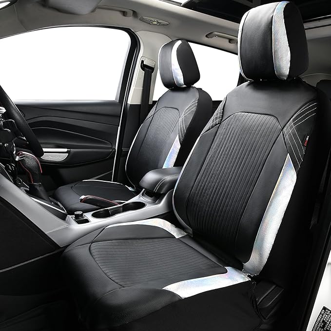 Flying Banner Synthetic Leather car seat Covers Full Set Front and Rear Bench Fashion Easy Installation Cup Holder Free (Black & Gray, Low Bucket - Full Set)