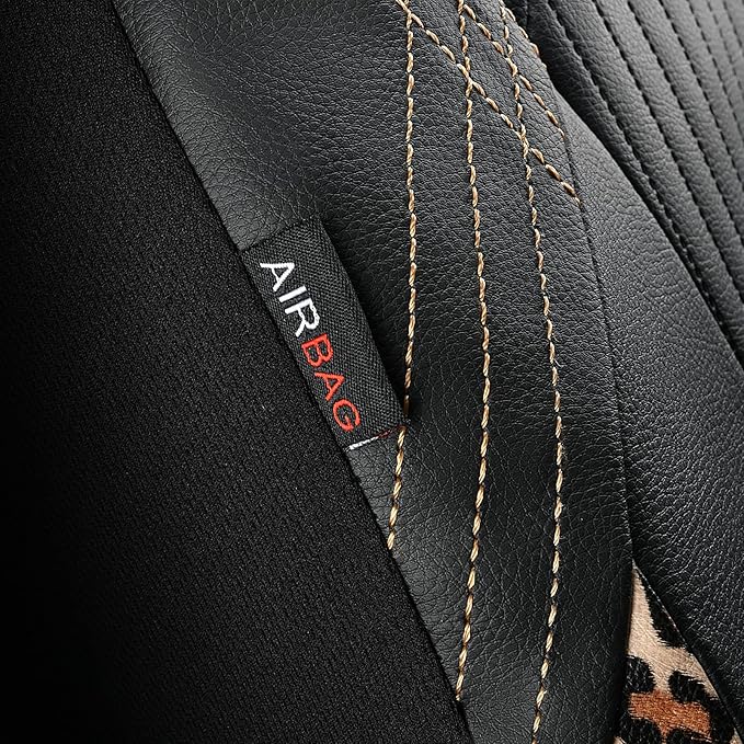 Flying Banner Synthetic Leather car seat Covers Full Set Front and Rear Bench Fashion Easy Installation Cup Holder Free (Black & Leopard Print, Low Bucket - Full Set)