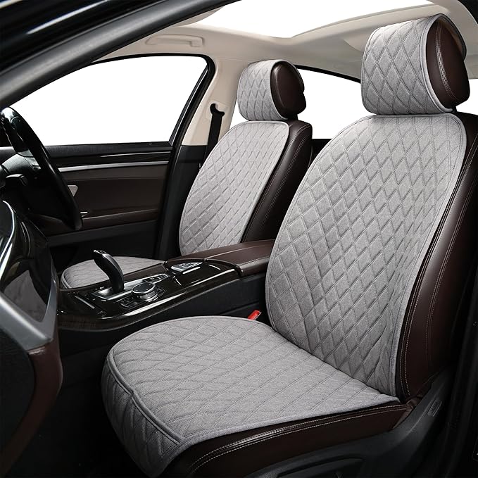 2PCS Linen Front Seat Covers for Cars Sideless Seat Covers Breathable Cloth Fabric Car Seat Protector Universal Fit Most Automotive, SUV, Trucks, Van(Grey)