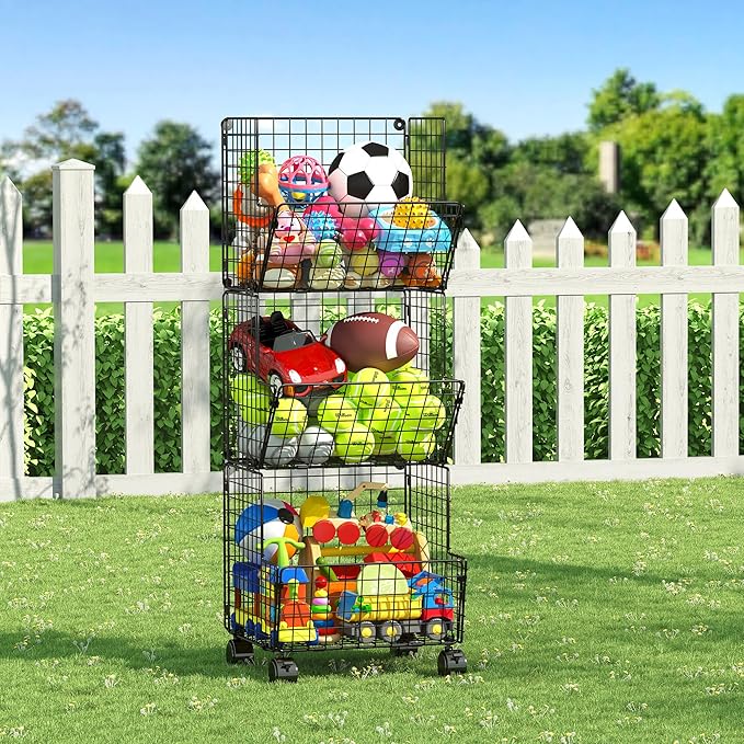 Outdoor Toy Storage Basket, Play Kitchen Organizer with 5 S-Hooks,3 Tier Rolling Storage Cart Garage, Pantry Floor Snack Cart with Wheels,Toy Shelf Dog Storage Organizer Kids Bookshelf