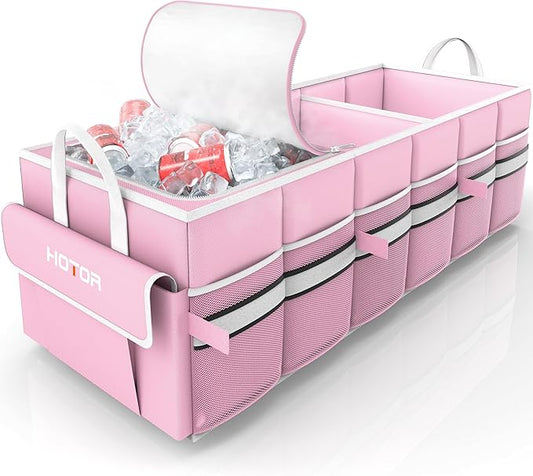HOTOR Collapsible Car Trunk Organizer with Built-In Leakproof Cooler - Multi-Compartment Storage for SUV, Sedan & Vehicles, Base Panel Included (3 Sections, Pink, 31.9"×12.6"×10.6")