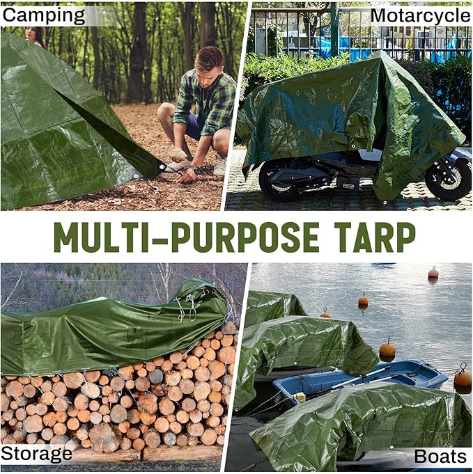 4 Pack 8 x 10 ft 5.5 Mil Large Tarps Heavy Duty Waterproof Tarp Multi Purpose Tent Cover for Home Boats Cars Camping Patio Furniture Roof Emergency Rain Protective Cover, Army Green
