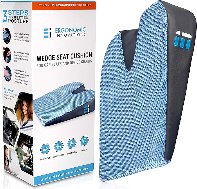 Memory Foam Car Seat Cushion for Driving - Ergonomic Wedge Cushion for Back Pain, Sciatica Relief - Non-Slip Truck Seat Pad for Long Sitting - Office Chair Support 17.5 x 15 x 3.5