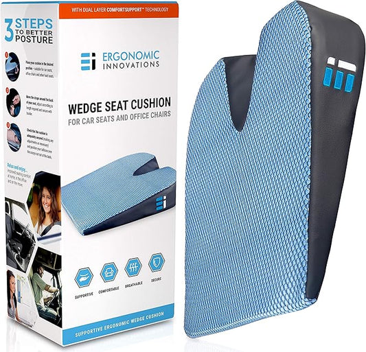 Memory Foam Car Seat Cushion for Driving - Ergonomic Wedge Cushion for Back Pain, Sciatica Relief - Non-Slip Truck Seat Pad for Long Sitting - Office Chair Support 17.5 x 15 x 3.5