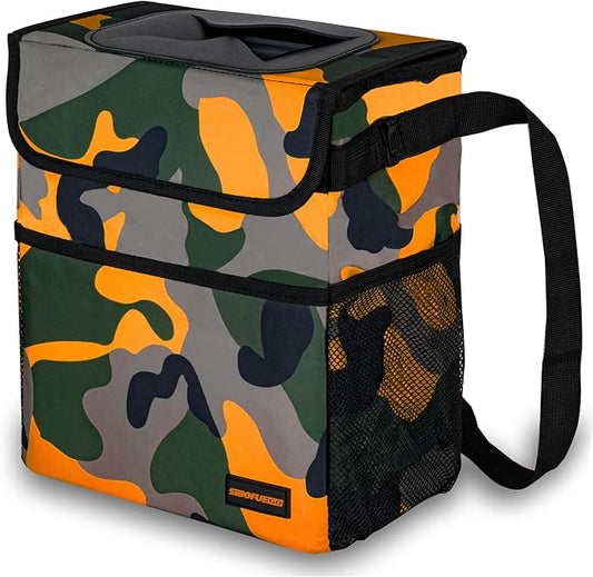 Cute Car Trash Can with Lid – Multipurpose Collapsible Trash Bin for Car, Leak-Proof Organizer, Waterproof Garbage Can with Storage Pockets & Adjustable Straps, 2 Gallons (Camo Orange)