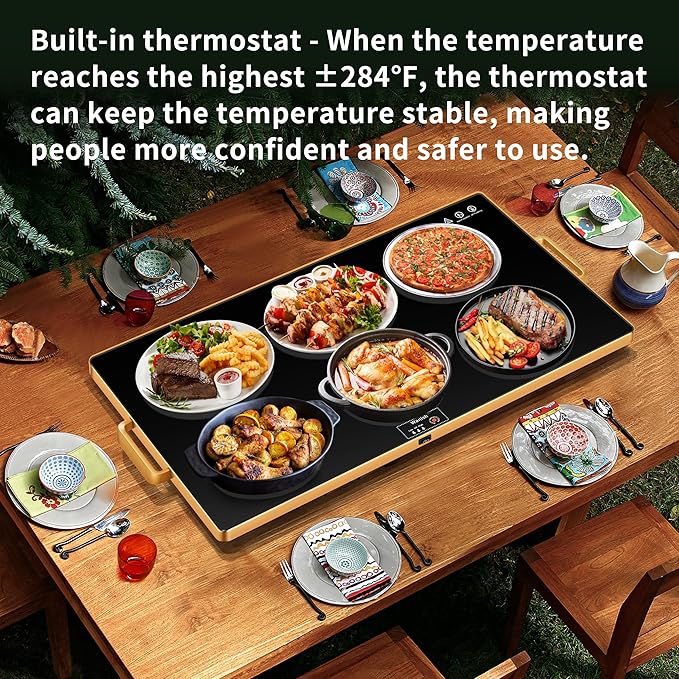 Electric Warming Tray (XXL 32”x18”)，Food Warmers for Parties Buffet with Thermostat & Full Surface Heating, Tempered Glass Warming Mat for Food, Temperature Adjustable Gold Handles Food Warming Mat