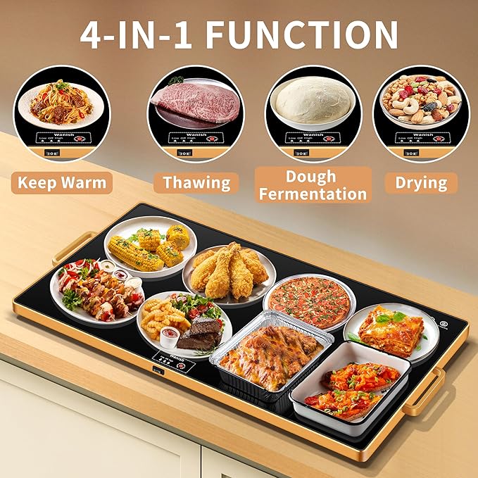 Electric Warming Tray (XXL 32”x18”)，Food Warmers for Parties Buffet with Thermostat & Full Surface Heating, Tempered Glass Warming Mat for Food, Temperature Adjustable Gold Handles Food Warming Mat