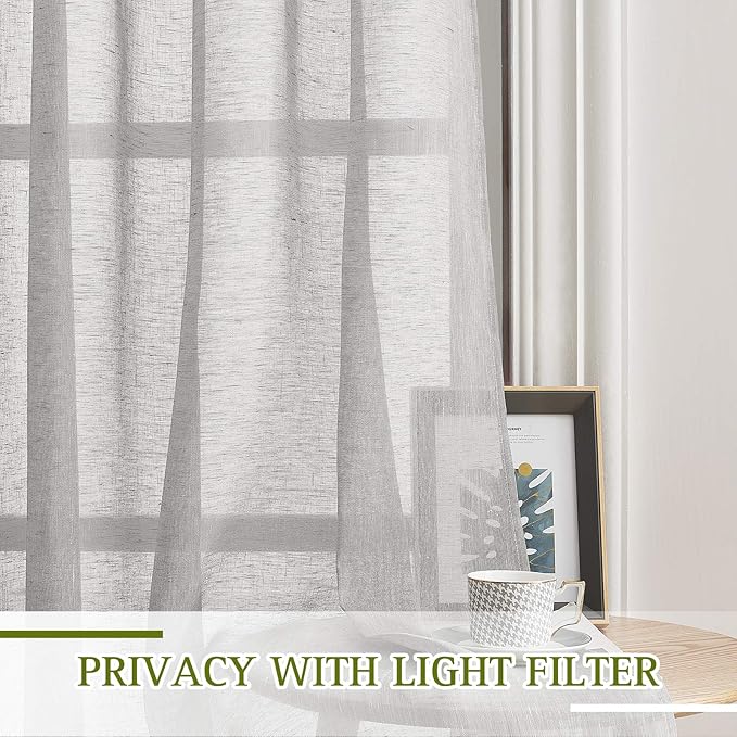 NICETOWN Sliding Door Curtains Linen Sheer Textured, Grommet Semi Sheer Keep Privacy Window Drapes with Light Filtering for Living Room/Bedroom, Grey, W70 x L96, 2 Pieces