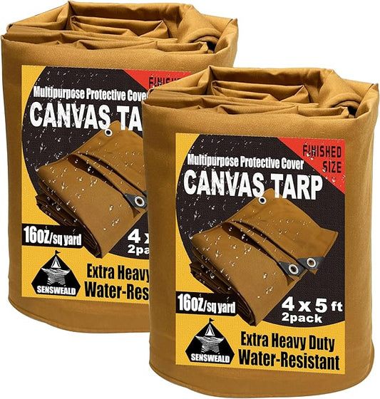2 Pack Small Heavy Duty Canvas Tarp 4x5 Feet 16oz Water-Resistant Canvas with Grommets，Tear Resistant, Durable, Multipurpose Protective Tan Tarp Cover for Camping, Tent, Car