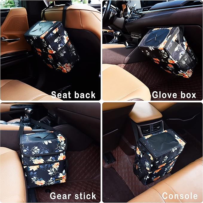 Cute Car Trash Can with Lid – Multipurpose Collapsible Trash Bin for Car, Leak-Proof Organizer, Waterproof Garbage Can with Storage Pockets & Adjustable Straps, 2 Gallons (Flower)