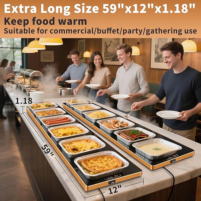 Electric Warming Tray (Extra Long 59”x12”)，Commercial Food Warmers for Parties Buffet & Gathering, Warming Mat for Food with Thermostat, Tempered Glass Food Warming Mat with Adjustable Temperature