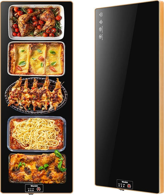 Electric Warming Tray (Extra Long 47”x12”)，Food Warmers for Parties Buffet with Thermostat&Full Surface Heating, Tempered Glass Warming Mat for Food, Temperature Adjustable Gold Edges Food Warming Mat