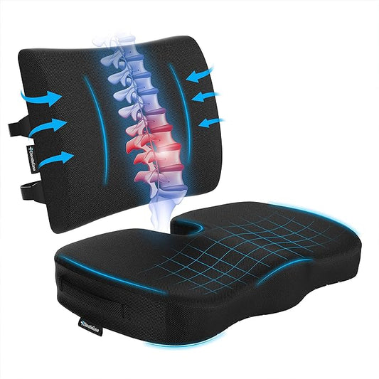 Memory Foam Seat Cushion & Lumbar Support Pillow Set w/Mesh & Velvet Covers - for Office Chair, Car, Plane, Travel - Back Rest Coccyx Pillow for Lower Back, Sciatica, Posture
